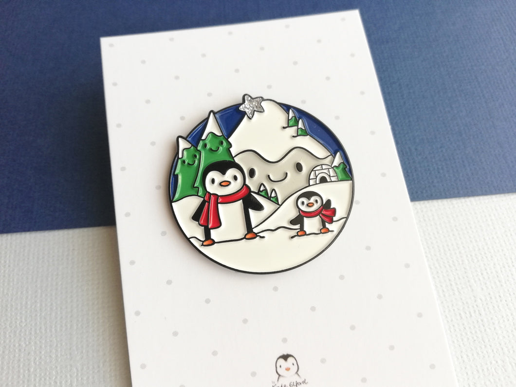 Penguin enamel brooch, snow and happy mountains