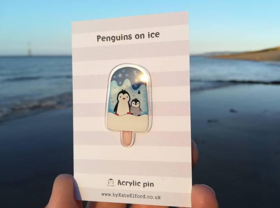 Recycled acrylic ice lolly penguin pin