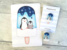 Load image into Gallery viewer, Penguins on ice, recycled acrylic penguin pin, ice lolly badge, cute ice design, recycled pin brooch
