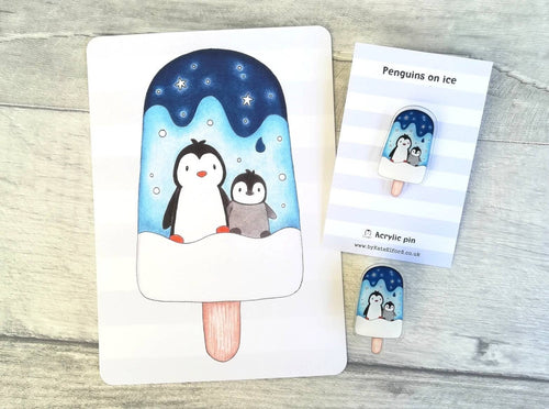 Penguins on ice, recycled acrylic penguin pin, ice lolly badge, cute ice design, recycled pin brooch