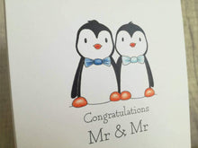 Load image into Gallery viewer, Penguin wedding card, Mr and Mr card, gay wedding card, happy couple, groom and groom penguins, cute gay wedding card
