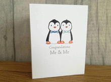 Load image into Gallery viewer, Penguin wedding card, Mr and Mr card, gay wedding card, happy couple, groom and groom penguins, gay men wedding card
