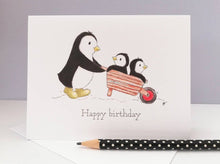 Load image into Gallery viewer, Cute penguins in a wheelbarrow birthday card
