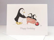 Load image into Gallery viewer, Penguin birthday card. Little penguins in a wheelbarrow. Happy birthday, garden penguin, grandad, grandpa, mum, dad, grandma card, gardening, allotment birthday card
