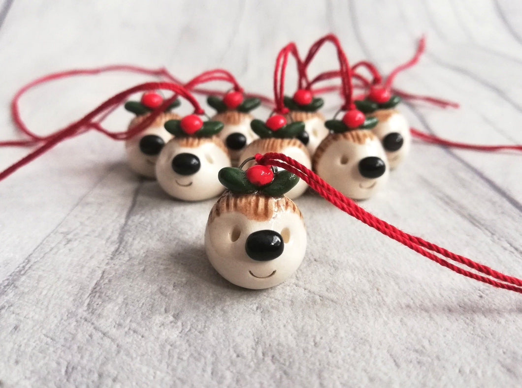 Little hedgehog ornament. Pottery Christmas pudding hedgehog. Small ceramic ornament, pudding hedgehogs