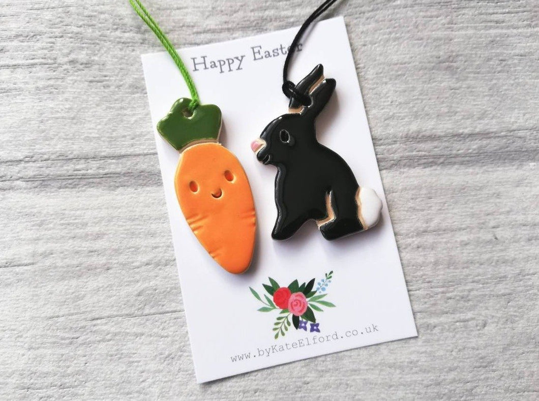Pottery rabbit decorations, Easter decorations, Easter tree ornaments, Easter bunny and carrot, lucky black bunny, Easter gift