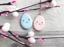 Load image into Gallery viewer, Pottery Easter eggs, pastel pink and blue polka dot, little ceramic Easter tree decorations, mini hangers
