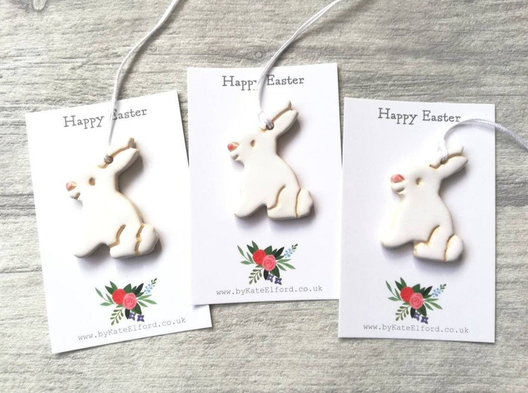 Pottery Easter rabbits, white bunnies, Easter tree decorations, ceramic Easter gift