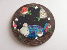 Load image into Gallery viewer, Sleeping mouse coaster, the mouse is in a tree with a robin, lantern, toadstools and stars, by Kate Elford
