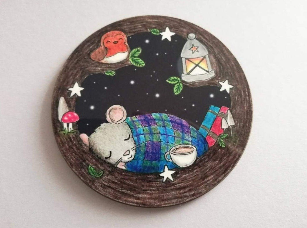 Sleeping mouse coaster, the mouse is in a tree with a robin, lantern, toadstools and stars, by Kate Elford