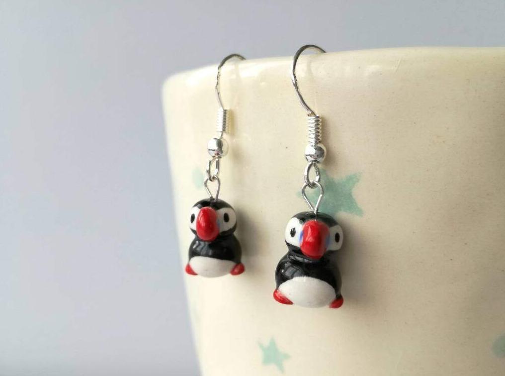 Puffin earrings, miniature puffins, tiny puffins, mini ceramic puffin gift