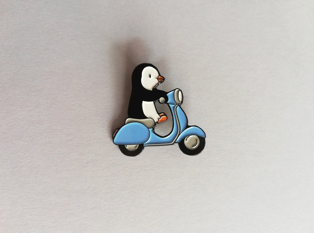 Blue scooter, cute penguin pin
