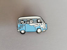 Load image into Gallery viewer, Mini blue camper van and penguins enamel badge
