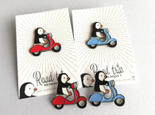 Load image into Gallery viewer, Penguin scooter enamel pin, penguin badge, cute scooter pins, soft enamel brooch pins, blue or red bike enamel badges
