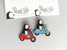 Load image into Gallery viewer, Red and blue scooter enamel pins, penguins on mopeds
