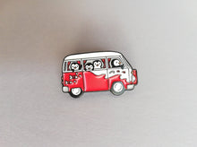 Load image into Gallery viewer, Red mini camper van and penguins enamel badge
