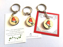 Load image into Gallery viewer, Little robin keyring, small wooden key chain, memory robin, Happy Christmas, ethically sourced wood, eco friendly charm, robins
