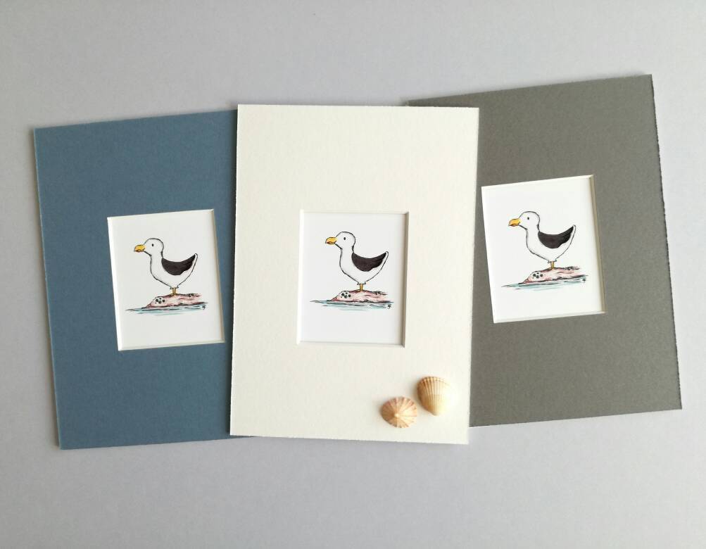 Seaside seagull print, coastal theme, bathroom print, grey, blue or white mount