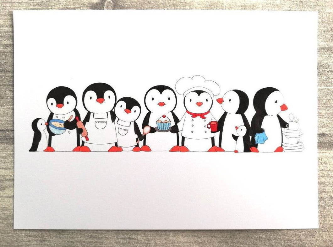 Kitchen penguins print. A 7x5 inch print of penguins baking and washing up