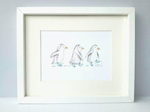 Load image into Gallery viewer, Three grey penguins wearing blue boots and splashing in the puddles, 7 x 5 inch print
