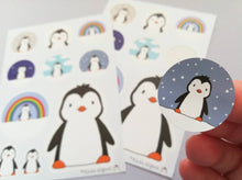 Load image into Gallery viewer, Penguin vinyl sticker sheet, penguin rainbow sticker, clouds, stars, cute stickers, planner, bullet point, journal, reward stickers, rainbows, decals
