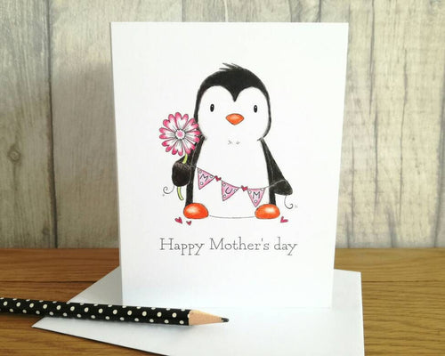 Mother's day card, cute penguin, Mum bunting, blank inside