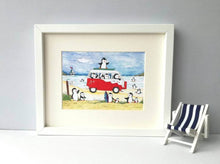 Load image into Gallery viewer, Penguins at the seaside print, camper van, surfing, boating and ice creams
