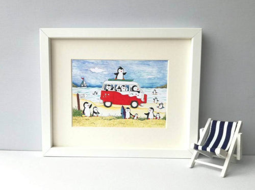 Penguins at the seaside print, camper van, surfing, boating and ice creams