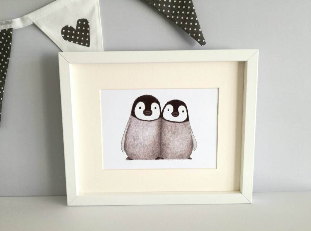 Two penguin chicks, cuddled together, A7 print