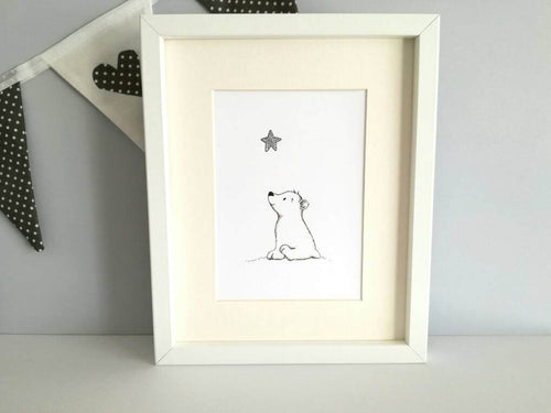 Polar bear print, unframed polar bear and silver star picture, 'Star gazing'