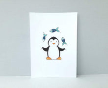 Load image into Gallery viewer, Penguin picture, circus penguin juggling fish, children&#39;s room, nursery, bathroom print, unframed 7x5
