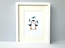 Load image into Gallery viewer, Penguin picture, circus penguin juggling fish, children&#39;s room, nursery, bathroom print, unframed 7x5
