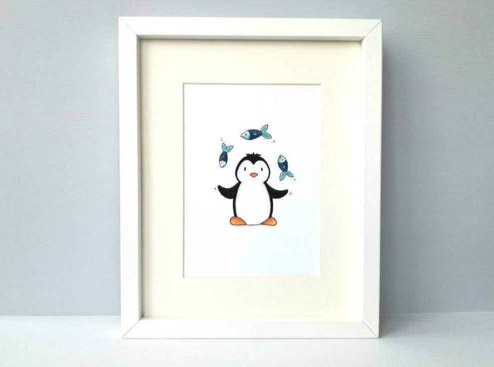 Penguin picture, circus penguin juggling fish, children's room, nursery, bathroom print, unframed 7x5