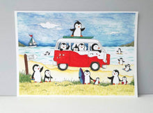 Load image into Gallery viewer, Penguins and a camper van at the seaside print
