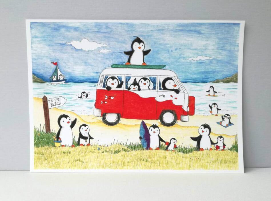 Penguins and a camper van at the seaside print