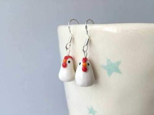 Easter hen earrings, chicken ceramic earrings, sterling silver