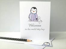 Load image into Gallery viewer, New boy baby card, penguin new baby card, small greetings card, welcome to the world

