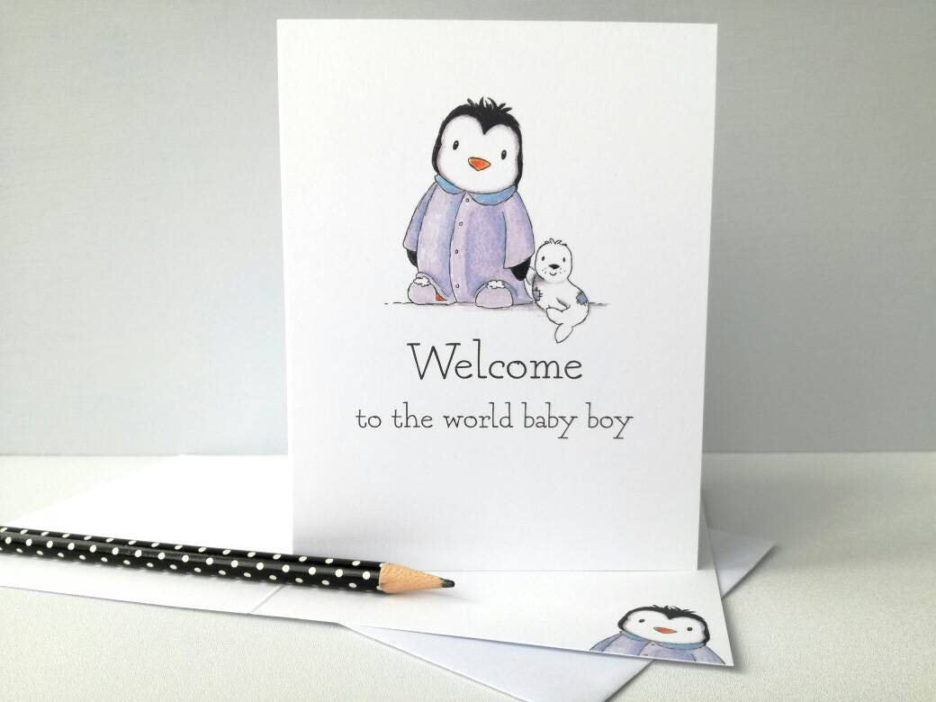 New boy baby card, penguin new baby card, small greetings card, welcome to the world