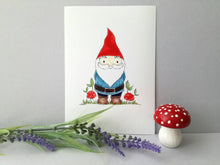 Load image into Gallery viewer, Garden gnome print, gardening picture, toadstool 7x5 woodland, cute gnome art
