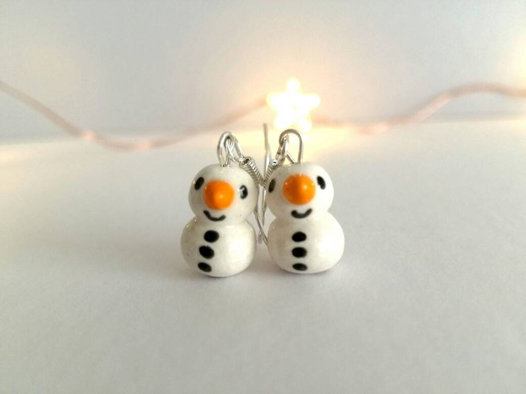 Snowman earrings, pottery snowmen, sterling silver, Christmas earrings