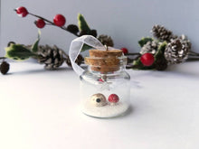 Load image into Gallery viewer, Miniature hedgehog and red toadstool Christmas decoration. Little pottery hedgehog in a glass bottle. Christmas woodland mini ornament
