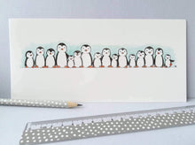 Load image into Gallery viewer, Cute line of penguins drawing on a postcard
