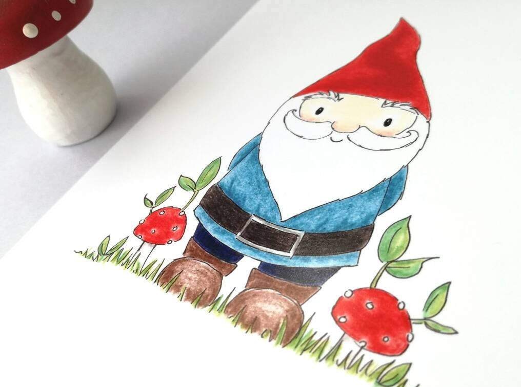 Garden gnome print, gardening picture, toadstool 7x5 woodland, cute gnome art