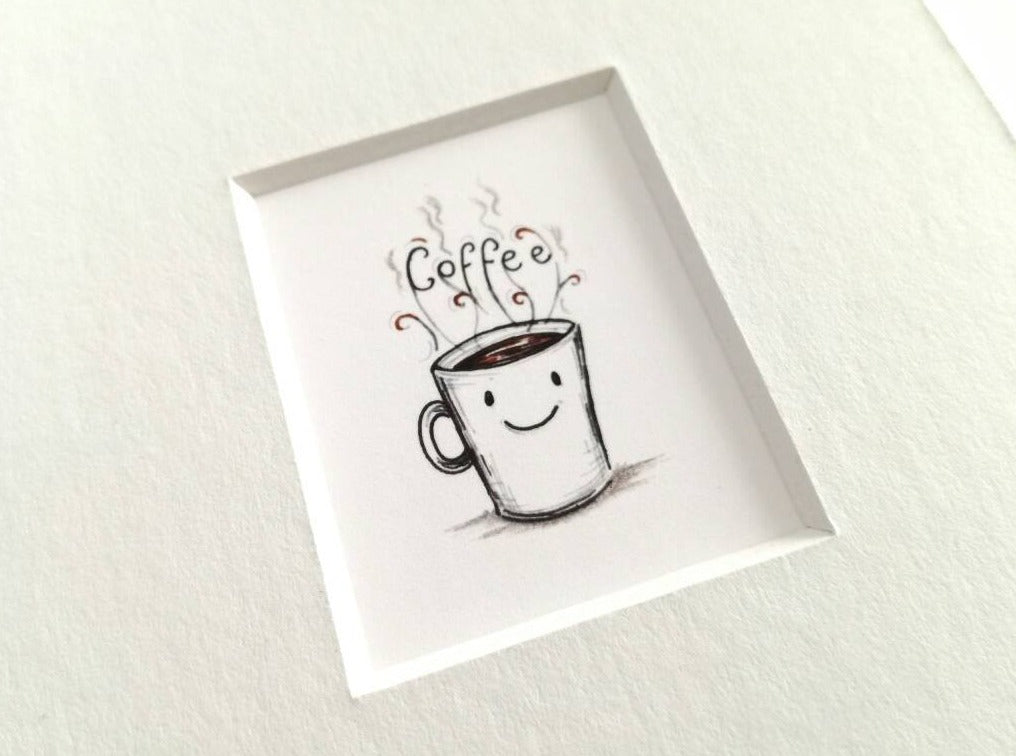 Miniature coffe cup print, a happy mug, with the word coffee swirled in the steam