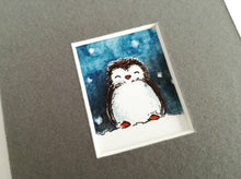 Load image into Gallery viewer, Penguin art, sleepy penguin, night time picture, cute miniature penguin
