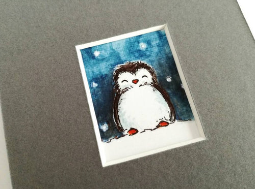 Penguin art, sleepy penguin, night time picture, cute miniature penguin