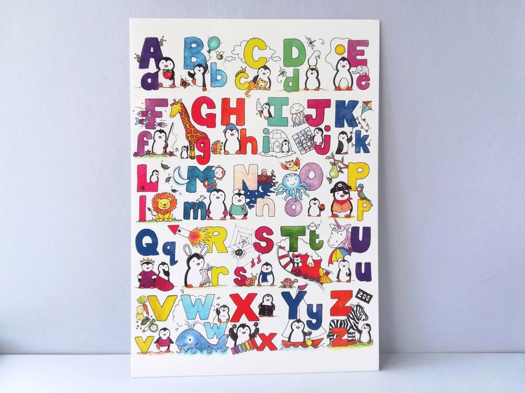 Penguin alphabet postcard. Penguin post card for posting or framing!