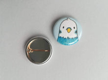 Load image into Gallery viewer, Blue cute budgie badge, front and back
