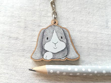 Load image into Gallery viewer, Seconds - Rabbit keyring, wooden grey bunny key fob, rabbit key chain, wood bag charm, made from eco friendly, responsibly resourced wood.
