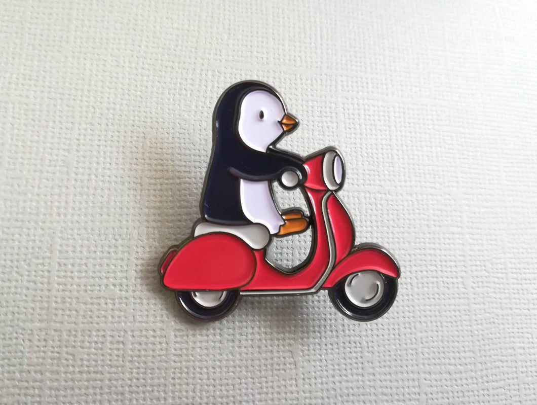 Seconds. Penguin scooter enamel pin, penguin badge, cute scooter pins, soft enamel brooch pins, blue or red bike enamel badges